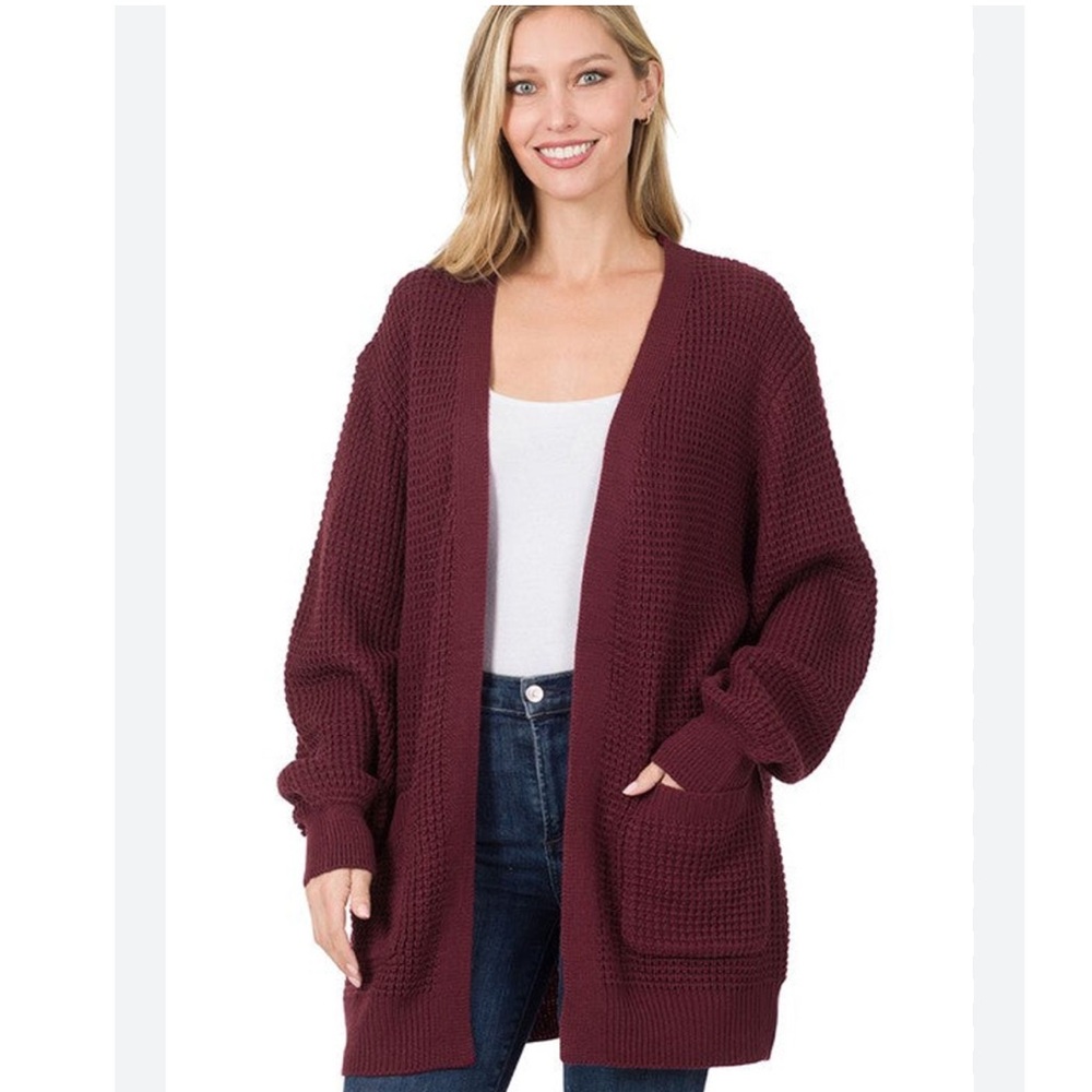 ST JOHN’S BAY Medium Women's Burgundy Cardigan Waffle Knit Sweater